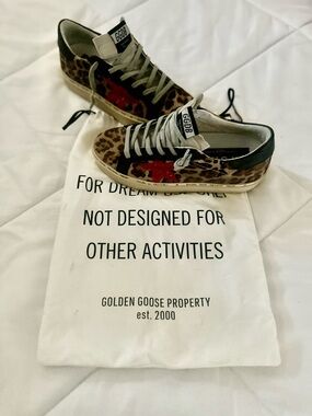 Golden Goose Leopard Print Low-Top Sneakers with Red Star